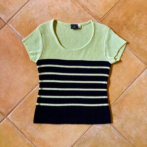 Ribbed Knit Tee, Lime Green, Black Stripes – Size M  - Tailor by B.Moss
